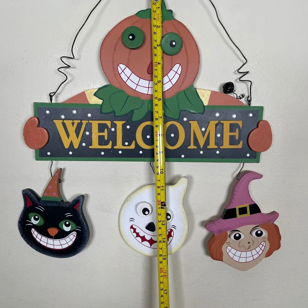 Vintage Halloween Welcome Wood Door Sign Pumpkin Cat Ghost Witch Retro 90s‎